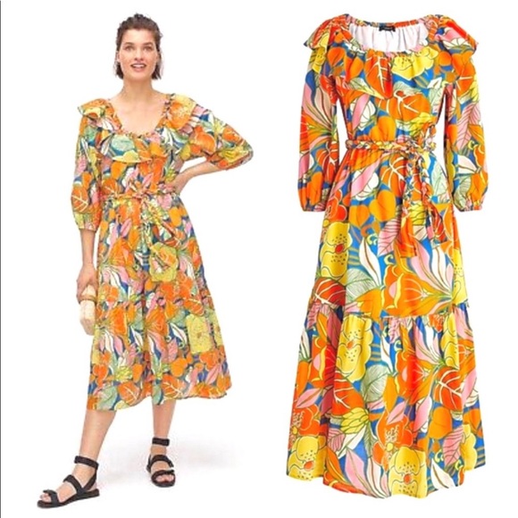 J. Crew Dresses & Skirts - NWT J.CREW • Tropical floral vacation dress off shoulders ruffle dress w belt